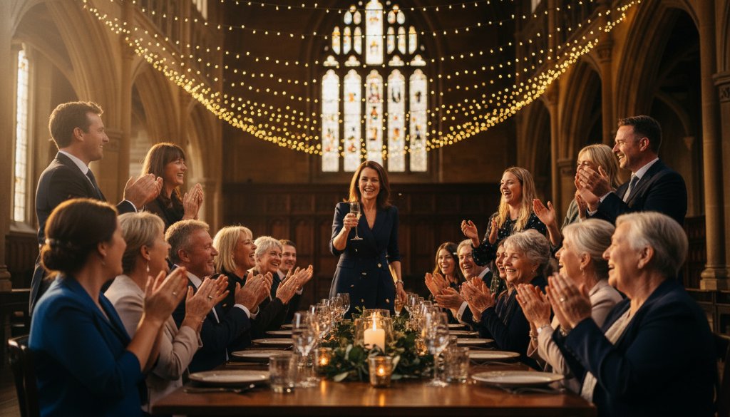 A vibrant, low-light photograph capturing an epic moment of joyful celebration at a Creswick party, showcasing guests laughing and dancing under string lights, professionally composed to highlight Creswick party photography unforgettable moments.