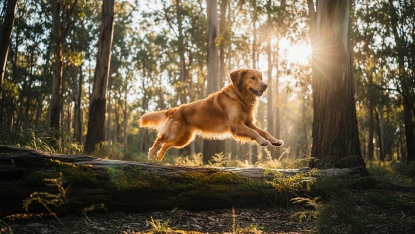 An epic moment in Creswick pet photography capturing playful dog moments, featuring a golden retriever mid-leap over a fallen log in a sun-dappled forest near St Georges Lake, professional color grade.