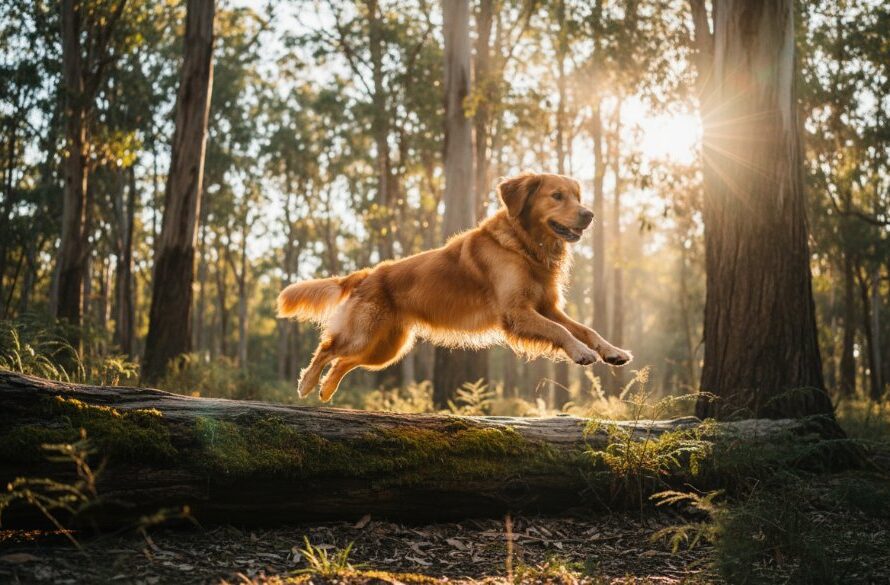 An epic moment in Creswick pet photography capturing playful dog moments, featuring a golden retriever mid-leap over a fallen log in a sun-dappled forest near St Georges Lake, professional color grade.
