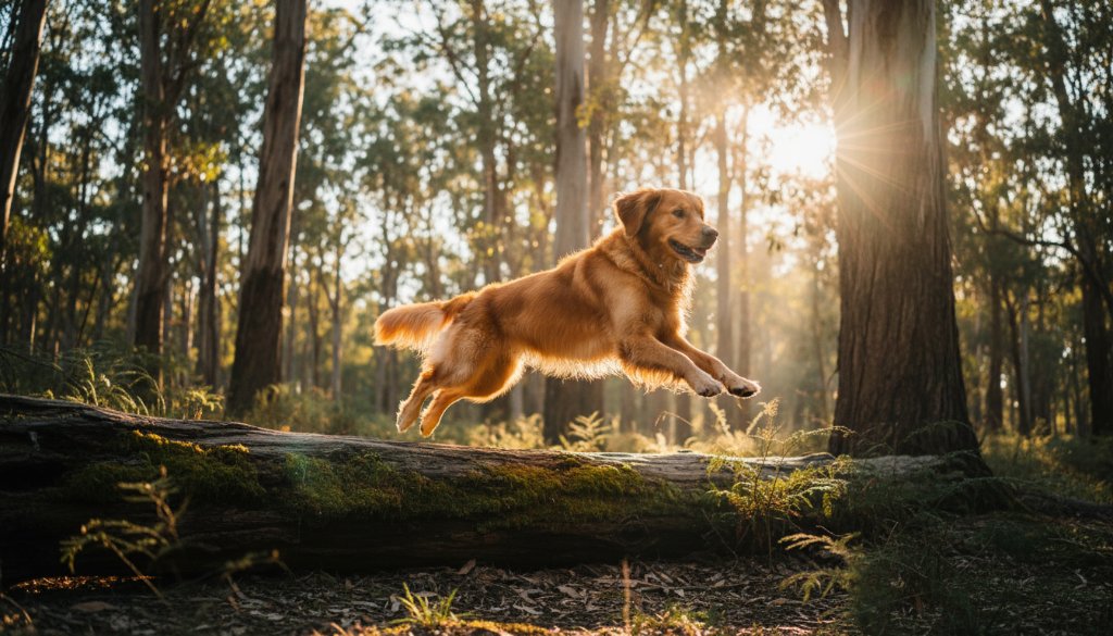 An epic moment in Creswick pet photography capturing playful dog moments, featuring a golden retriever mid-leap over a fallen log in a sun-dappled forest near St Georges Lake, professional color grade.