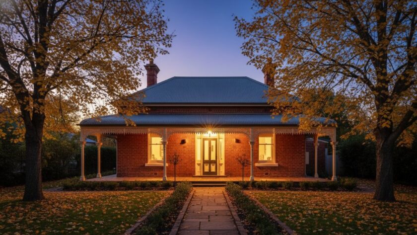 A wide-angle, dusk shot by a Creswick property photography expert for enchanting Victorian homes, showcasing a beautifully lit heritage cottage nestled amongst golden trees in Creswick, Victoria, with a warm glow from inside, capturing its timeless charm and inviting atmosphere.
