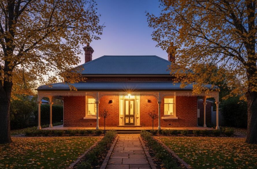 A wide-angle, dusk shot by a Creswick property photography expert for enchanting Victorian homes, showcasing a beautifully lit heritage cottage nestled amongst golden trees in Creswick, Victoria, with a warm glow from inside, capturing its timeless charm and inviting atmosphere.