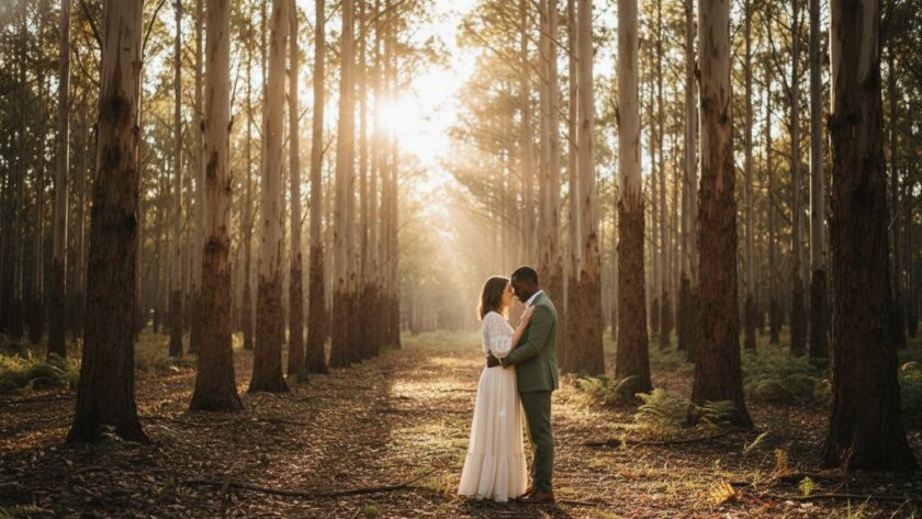 A couple sharing a tender moment in a sun-drenched enchanted forest near Creswick, capturing their unforgettable Creswick romantic goldfields engagement photography experience with dramatic light filtering through eucalyptus trees.