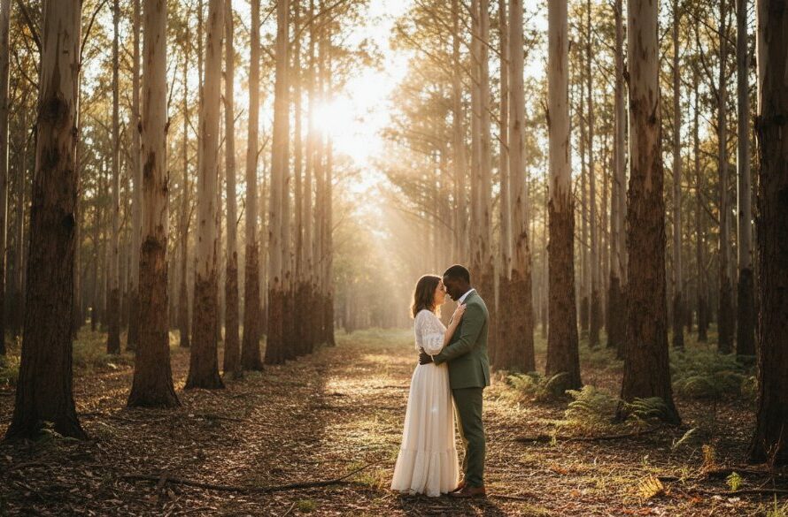 A couple sharing a tender moment in a sun-drenched enchanted forest near Creswick, capturing their unforgettable Creswick romantic goldfields engagement photography experience with dramatic light filtering through eucalyptus trees.