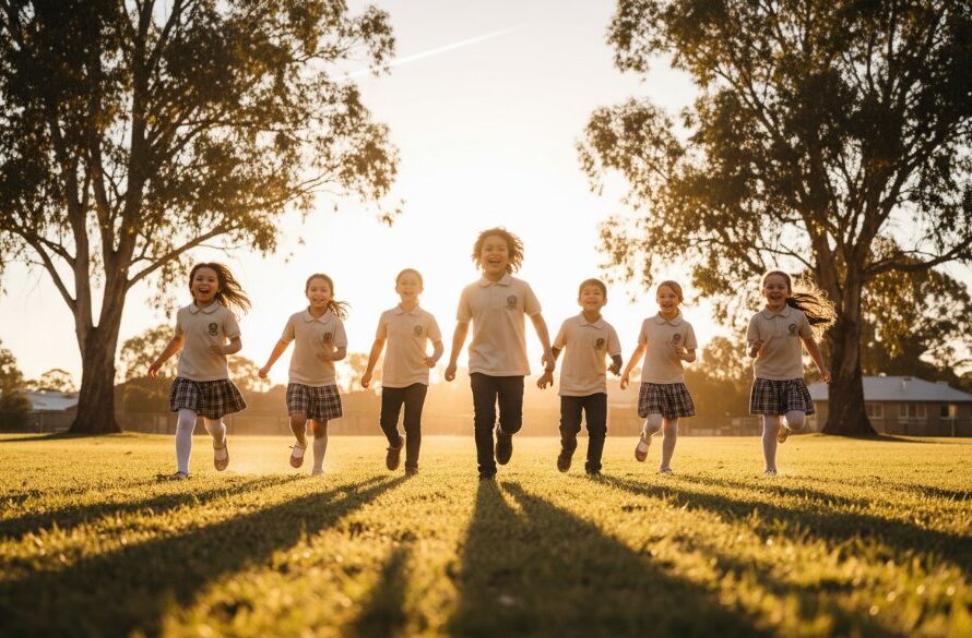 Creswick school photography capturing genuine smiles of a diverse group of primary school students laughing joyfully on a sun-drenched oval, framed by iconic Creswick eucalyptus trees. The golden hour light creates a dramatic, professional, and emotionally resonant portrait, highlighting their happy faces against a slightly blurred green backdrop.