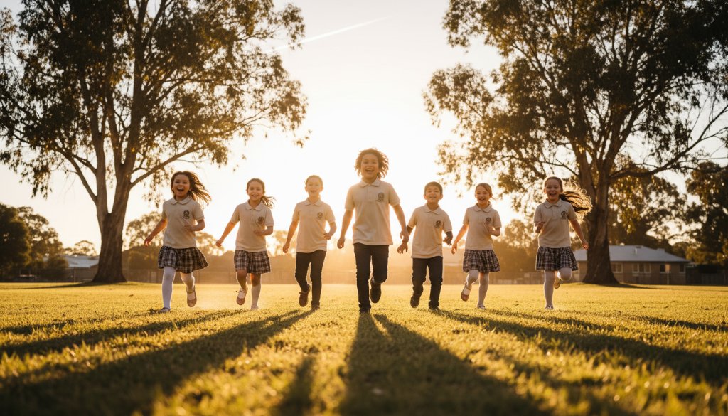 Creswick school photography capturing genuine smiles of a diverse group of primary school students laughing joyfully on a sun-drenched oval, framed by iconic Creswick eucalyptus trees. The golden hour light creates a dramatic, professional, and emotionally resonant portrait, highlighting their happy faces against a slightly blurred green backdrop.