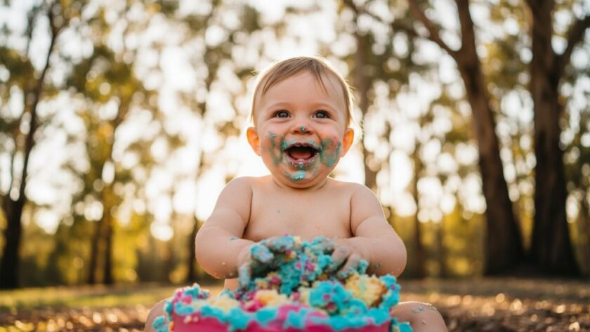 An adorable baby, covered in frosting from their Creswick Victoria authentic cake smash photography session, giggles joyfully amidst a rustic, sun-dappled Creswick setting, captured with dramatic, professional lighting.