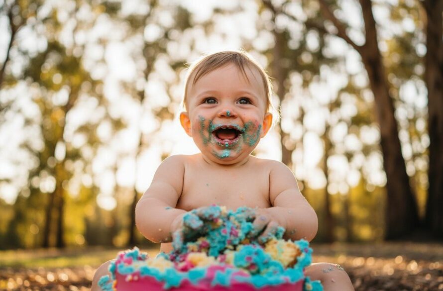 An adorable baby, covered in frosting from their Creswick Victoria authentic cake smash photography session, giggles joyfully amidst a rustic, sun-dappled Creswick setting, captured with dramatic, professional lighting.