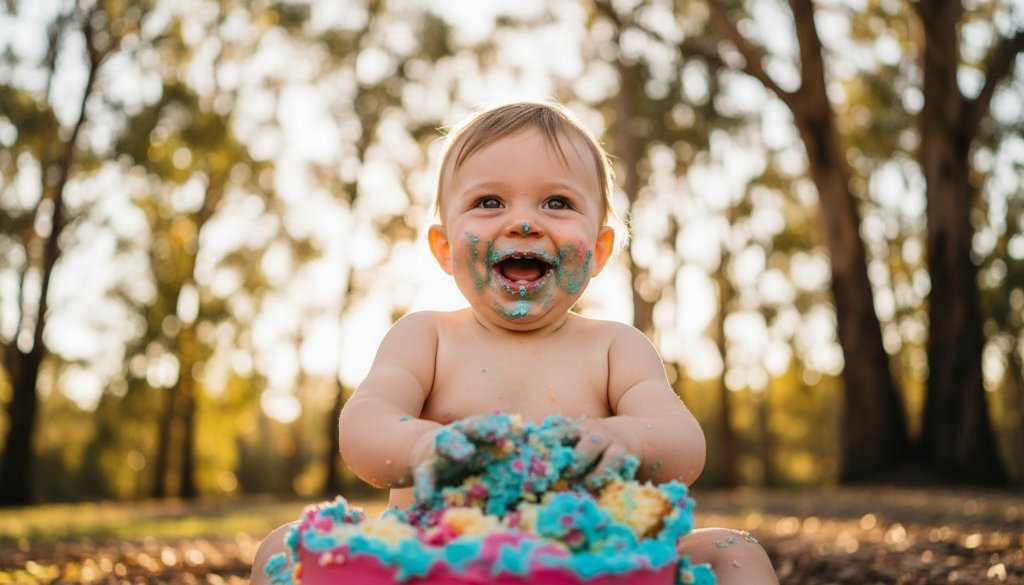An adorable baby, covered in frosting from their Creswick Victoria authentic cake smash photography session, giggles joyfully amidst a rustic, sun-dappled Creswick setting, captured with dramatic, professional lighting.