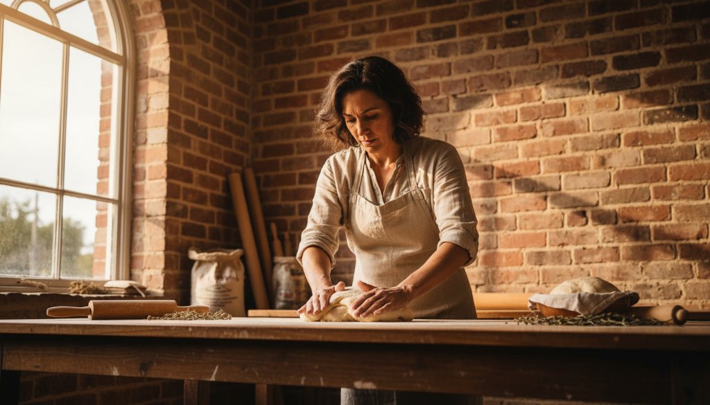A dynamic, wide-angle shot of a local artisan in their workshop in Creswick, Victoria, intensely focused on their craft, bathed in warm, natural light, epitomizing Creswick Victoria Editorial Photography for authentic brand stories.