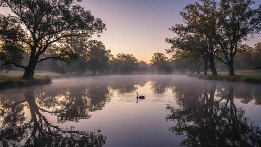 A breathtaking Creswick Victoria fine art landscape photography experience showcasing a serene, mist-shrouded lake at dawn, reflecting ancient gum trees under a dramatic, soft golden sky, capturing an epic moment of natural beauty.