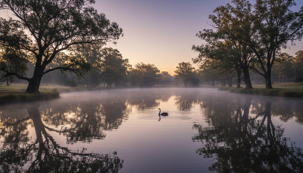 A breathtaking Creswick Victoria fine art landscape photography experience showcasing a serene, mist-shrouded lake at dawn, reflecting ancient gum trees under a dramatic, soft golden sky, capturing an epic moment of natural beauty.