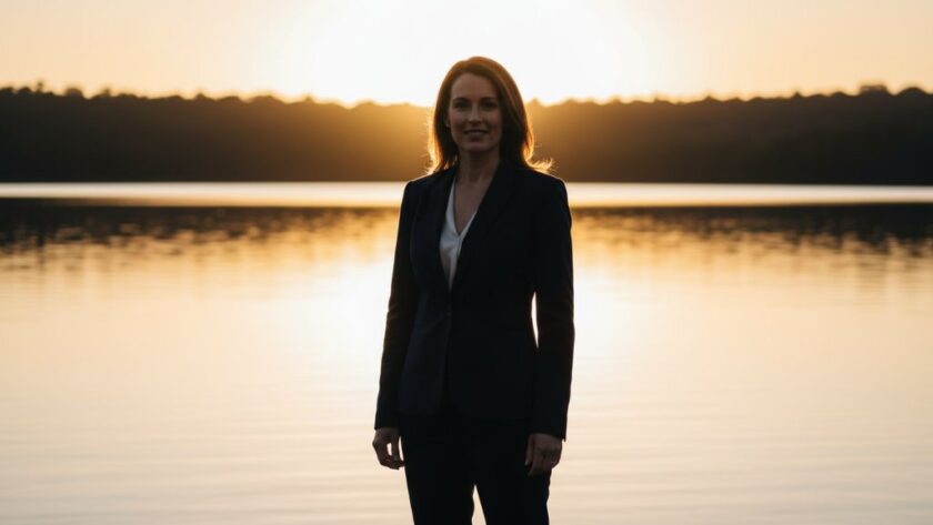 Dynamic portrait of a professional C-suite executive in Creswick, looking confident and approachable, captured with Creswick Victorian corporate headshots professional photography, featuring dramatic backlighting from the beautiful Victorian landscape.