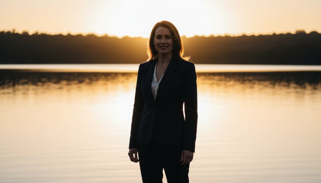 Dynamic portrait of a professional C-suite executive in Creswick, looking confident and approachable, captured with Creswick Victorian corporate headshots professional photography, featuring dramatic backlighting from the beautiful Victorian landscape.