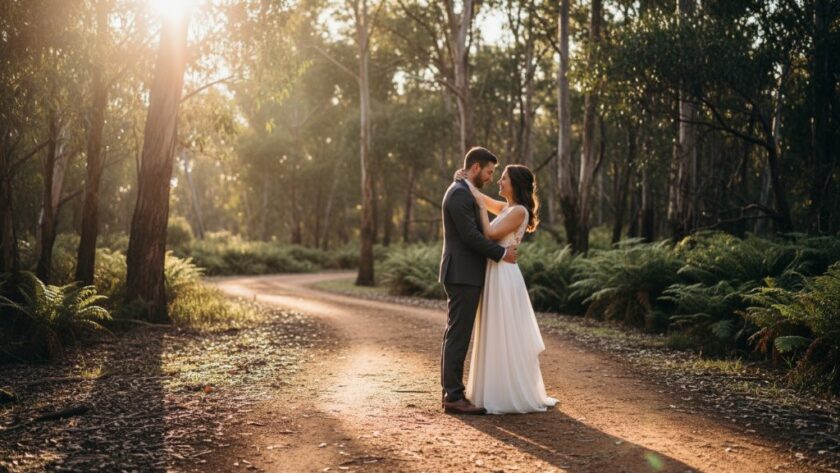 A stunning 'epic moment' photograph capturing Creswick wedding photography heirloom memories: A newly married couple shares a tender, joyful embrace under the dramatic canopy of towering eucalypts near St Georges Lake in Creswick at sunset, light filtering through the leaves, creating a warm, ethereal glow. The image is professionally color-graded and cinematic.