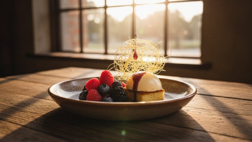An exquisite close-up shot of a steaming, perfectly plated gourmet dish, possibly a locally-sourced truffle pasta or a freshly baked sourdough from a Creswick bakery, with dramatic backlighting highlighting steam and textures, embodying Creswick's Culinary Soul Food Photography. The rich colours and artistic composition evoke a sense of warmth and deliciousness, a true epicurean moment.