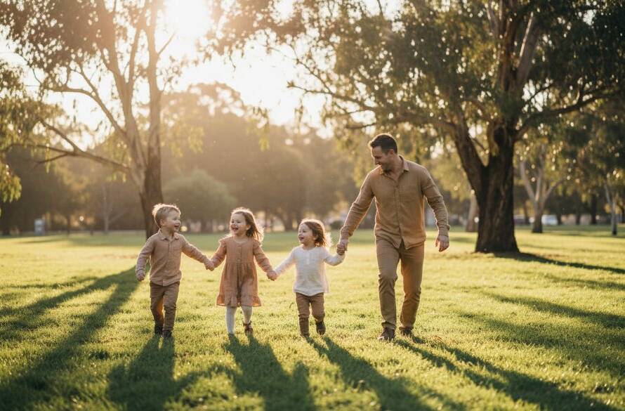 An authentic and heartwarming scene from Croydon candid photography capturing genuine family moments, showing a family laughing joyfully under dappled sunlight in a lush park, professional lighting, cinematic style.
