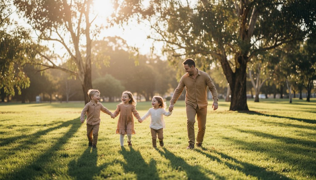 An authentic and heartwarming scene from Croydon candid photography capturing genuine family moments, showing a family laughing joyfully under dappled sunlight in a lush park, professional lighting, cinematic style.