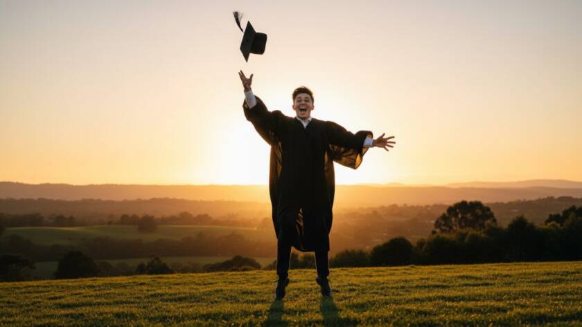 An epic moment captured by a Croydon graduation photographer, showing a jubilant graduate in their cap and gown, throwing their mortarboard high against a vibrant sunset over the Dandenong Ranges near Croydon, Victoria, celebrating their achievement with genuine, candid joy.