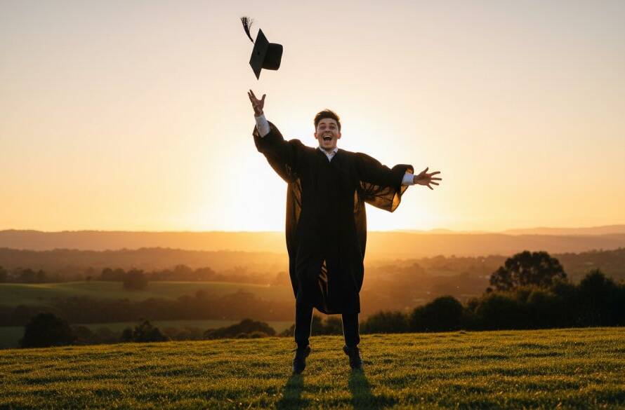 An epic moment captured by a Croydon graduation photographer, showing a jubilant graduate in their cap and gown, throwing their mortarboard high against a vibrant sunset over the Dandenong Ranges near Croydon, Victoria, celebrating their achievement with genuine, candid joy.