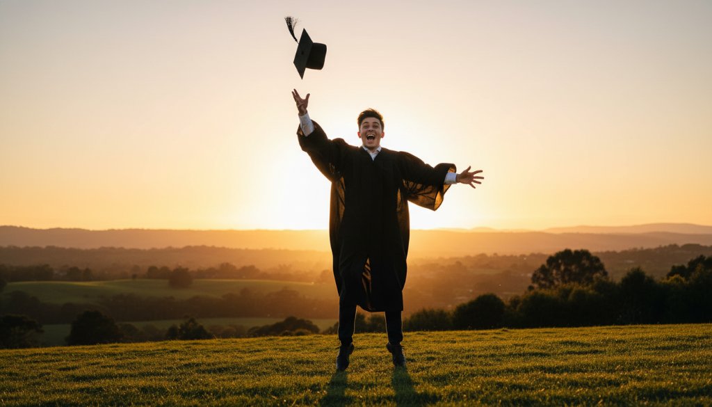 An epic moment captured by a Croydon graduation photographer, showing a jubilant graduate in their cap and gown, throwing their mortarboard high against a vibrant sunset over the Dandenong Ranges near Croydon, Victoria, celebrating their achievement with genuine, candid joy.
