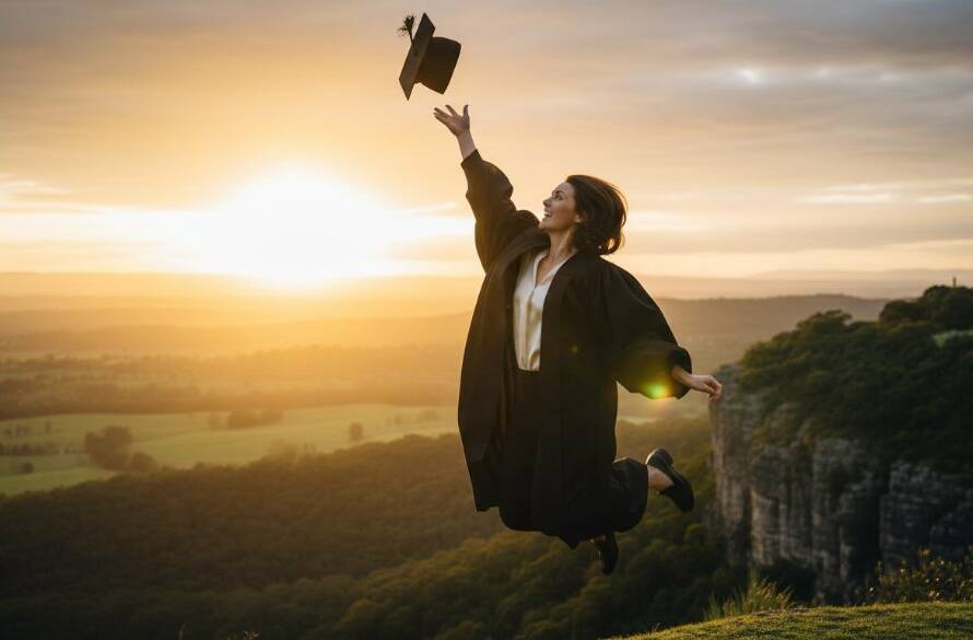 A jubilant graduate in a cap and gown, framed by the late afternoon sun over Croydon, Victoria, celebrating a Croydon graduation photography unforgettable moment, with the Dandenong Ranges in the soft background, showcasing their achievement.