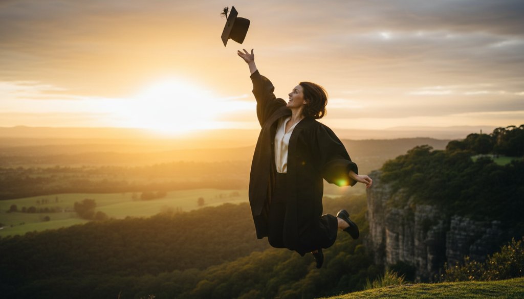 A jubilant graduate in a cap and gown, framed by the late afternoon sun over Croydon, Victoria, celebrating a Croydon graduation photography unforgettable moment, with the Dandenong Ranges in the soft background, showcasing their achievement.