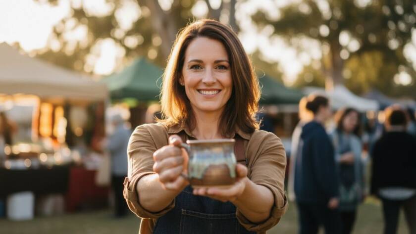 Dynamic wide shot of a local small business owner in Croydon Hills proudly presenting a beautifully crafted product, bathed in golden hour sunlight, with their vibrant shopfront visible in the background, encapsulating the essence of successful Croydon Hills advertising photography for small businesses.