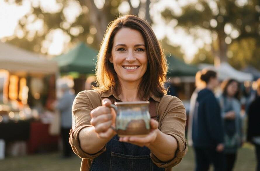 Dynamic wide shot of a local small business owner in Croydon Hills proudly presenting a beautifully crafted product, bathed in golden hour sunlight, with their vibrant shopfront visible in the background, encapsulating the essence of successful Croydon Hills advertising photography for small businesses.