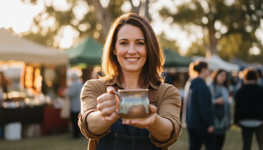 Dynamic wide shot of a local small business owner in Croydon Hills proudly presenting a beautifully crafted product, bathed in golden hour sunlight, with their vibrant shopfront visible in the background, encapsulating the essence of successful Croydon Hills advertising photography for small businesses.