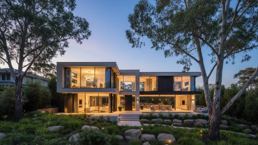 An epic wide-angle architectural photograph capturing the sleek, modern design of a multi-level home nestled amongst lush, sun-drenched greenery in Croydon Hills, Victoria, at twilight, with dramatic, warm interior lights glowing and a perfectly clear, deep blue sky, showcasing exquisite detail and inviting warmth, focusing on the interplay of natural and artificial light to highlight the property's stunning features.