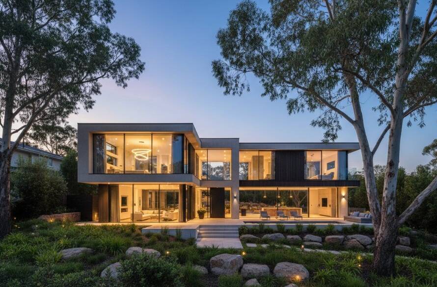 An epic wide-angle architectural photograph capturing the sleek, modern design of a multi-level home nestled amongst lush, sun-drenched greenery in Croydon Hills, Victoria, at twilight, with dramatic, warm interior lights glowing and a perfectly clear, deep blue sky, showcasing exquisite detail and inviting warmth, focusing on the interplay of natural and artificial light to highlight the property's stunning features.