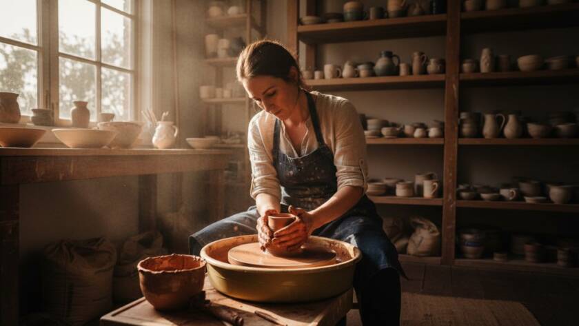 Dynamic Croydon Hills business branding photography capturing a local artisan proudly showcasing their craftsmanship in a sunlit workshop, reflecting brand authenticity.