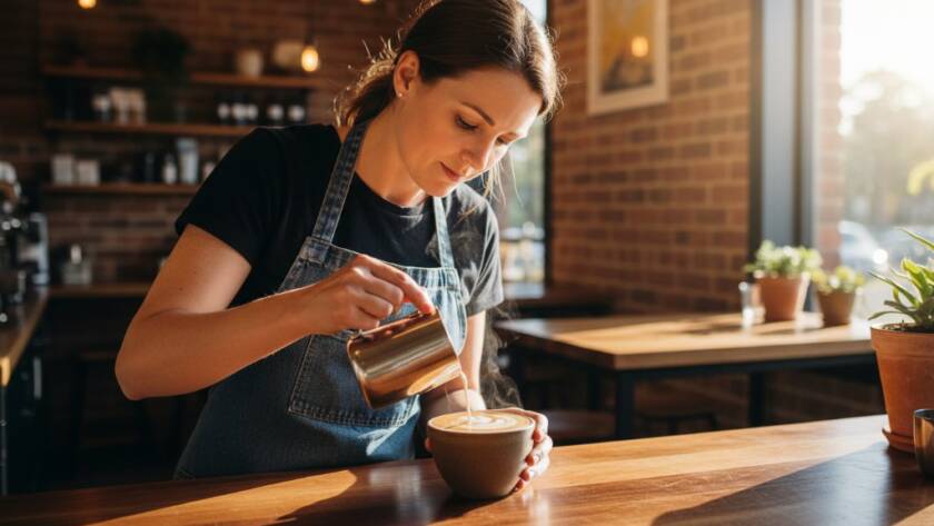 Dramatic wide shot of a perfectly plated gourmet brunch dish on a rustic wooden table inside a sun-drenched cafe in Croydon Hills, sunlight dramatically highlighting the textures of the food, showcasing professional Croydon Hills cafe food photography.