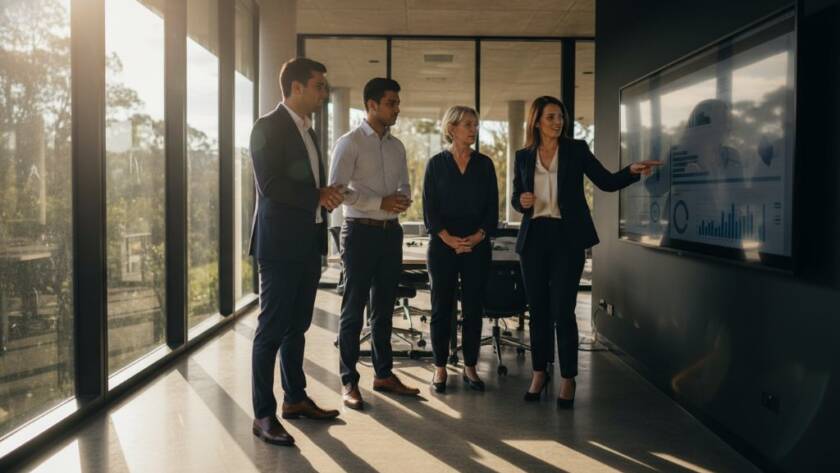 A dynamic, cinematic shot of a diverse business team smiling confidently in a modern, light-filled office in Croydon Hills, showcasing the excellence of Croydon Hills corporate photography for local businesses, with the team leader in the foreground, sharp focus, natural light streaming through large windows, and a subtle depth of field.