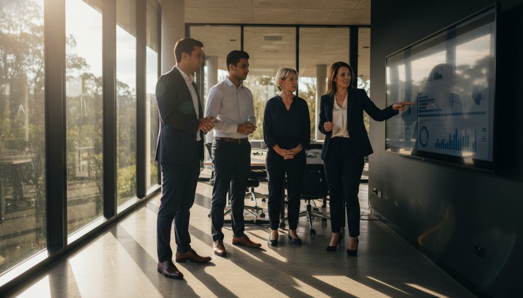 A dynamic, cinematic shot of a diverse business team smiling confidently in a modern, light-filled office in Croydon Hills, showcasing the excellence of Croydon Hills corporate photography for local businesses, with the team leader in the foreground, sharp focus, natural light streaming through large windows, and a subtle depth of field.