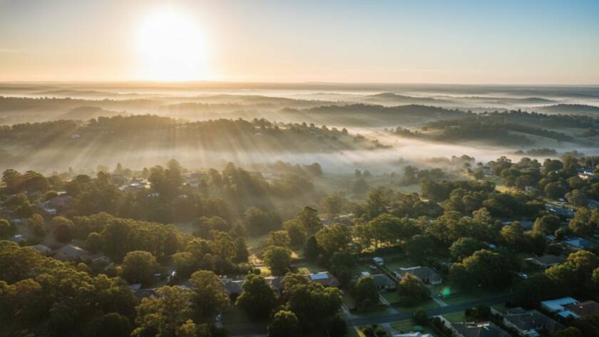 An epic moment captured by Croydon Hills drone photography, showing the expansive, lush green landscapes of Croydon Hills at sunrise with mist rising, highlighting residential areas nestled amongst gum trees under a dramatic, golden sky.