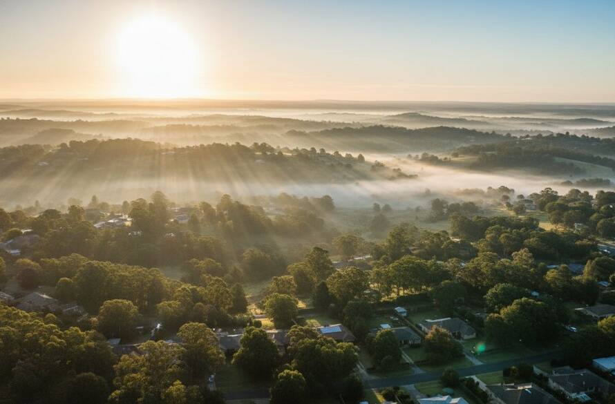 An epic moment captured by Croydon Hills drone photography, showing the expansive, lush green landscapes of Croydon Hills at sunrise with mist rising, highlighting residential areas nestled amongst gum trees under a dramatic, golden sky.