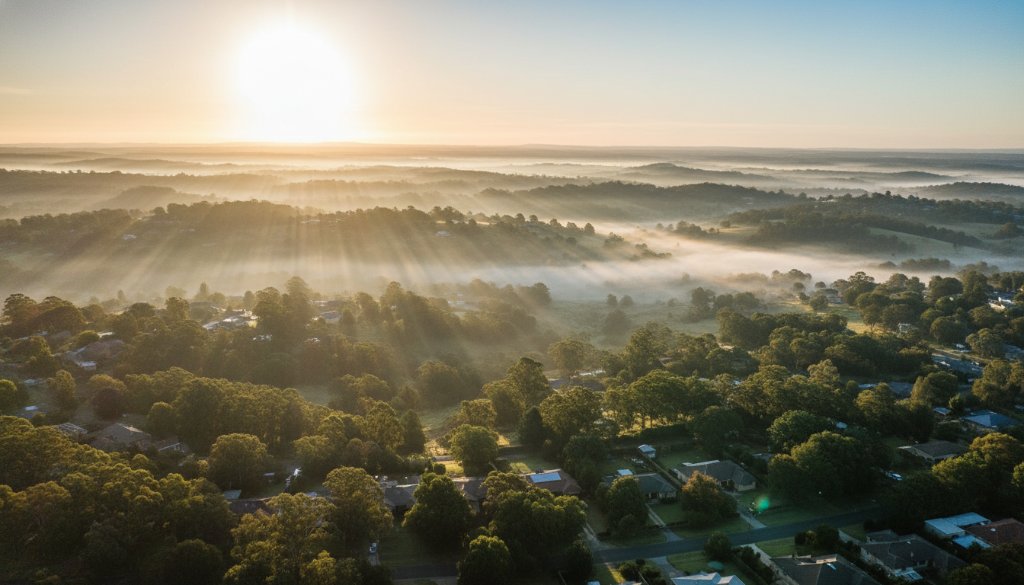 An epic moment captured by Croydon Hills drone photography, showing the expansive, lush green landscapes of Croydon Hills at sunrise with mist rising, highlighting residential areas nestled amongst gum trees under a dramatic, golden sky.