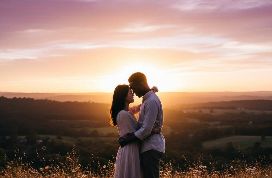 An epic moment captured during Croydon Hills engagement photography stunning natural light, featuring a couple embracing against a dramatic sunset, bathed in golden hour glow, with the rolling hills of Victoria in the background.