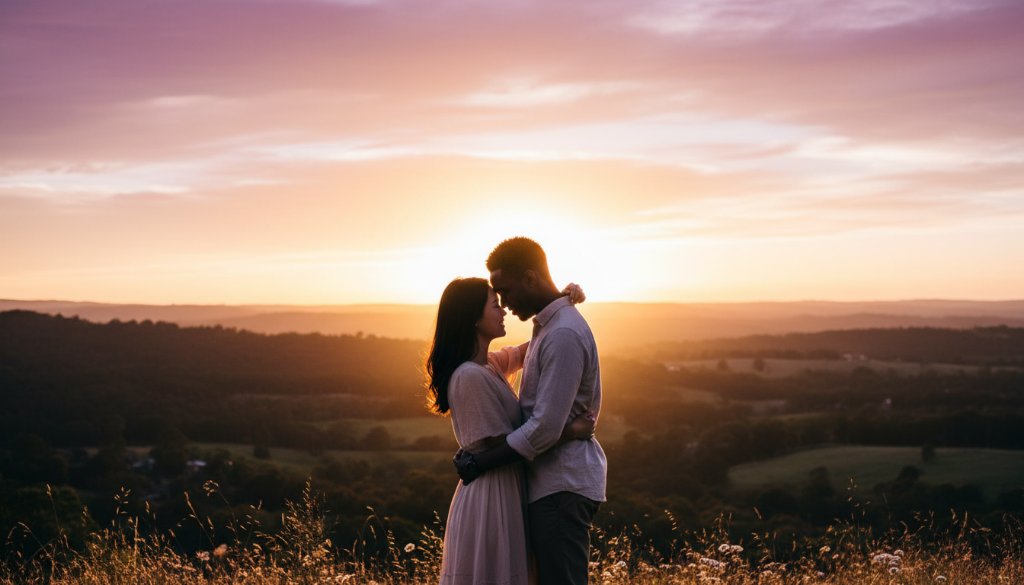 An epic moment captured during Croydon Hills engagement photography stunning natural light, featuring a couple embracing against a dramatic sunset, bathed in golden hour glow, with the rolling hills of Victoria in the background.