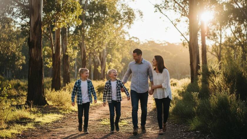 A joyful Croydon Hills family photography capturing genuine moments, showing parents laughing with their children during golden hour in a natural bushland setting, dramatic backlighting, professional colour grading, epic family portrait.