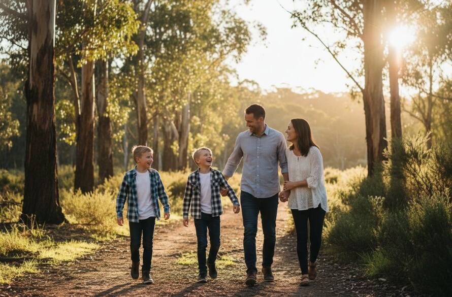 A joyful Croydon Hills family photography capturing genuine moments, showing parents laughing with their children during golden hour in a natural bushland setting, dramatic backlighting, professional colour grading, epic family portrait.