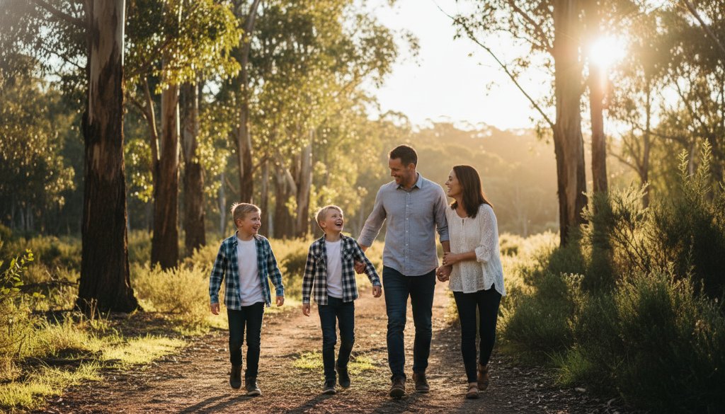 A joyful Croydon Hills family photography capturing genuine moments, showing parents laughing with their children during golden hour in a natural bushland setting, dramatic backlighting, professional colour grading, epic family portrait.
