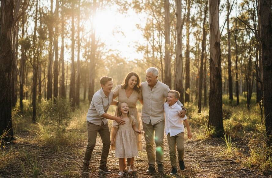 An epic moment captured during a Croydon Hills family photography natural light session, showcasing a family laughing joyfully amidst golden hour light filtering through tall eucalyptus trees in a Croydon Hills park, rendered with professional cinematic colour grading and dramatic depth of field.