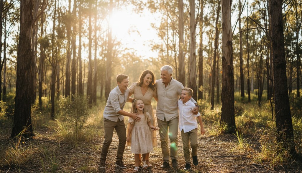 An epic moment captured during a Croydon Hills family photography natural light session, showcasing a family laughing joyfully amidst golden hour light filtering through tall eucalyptus trees in a Croydon Hills park, rendered with professional cinematic colour grading and dramatic depth of field.