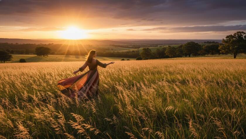 An epic moment in Croydon Hills Fine Art Nature Photography: A lone figure silhouetted against a dramatic sunset over the undulating green hills of Croydon Hills, Victoria, radiating a sense of wonder and connection to nature, captured with artistic flair.