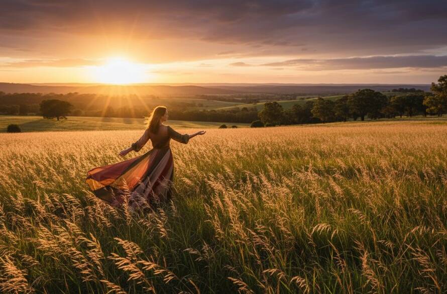 An epic moment in Croydon Hills Fine Art Nature Photography: A lone figure silhouetted against a dramatic sunset over the undulating green hills of Croydon Hills, Victoria, radiating a sense of wonder and connection to nature, captured with artistic flair.
