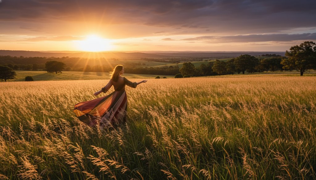 An epic moment in Croydon Hills Fine Art Nature Photography: A lone figure silhouetted against a dramatic sunset over the undulating green hills of Croydon Hills, Victoria, radiating a sense of wonder and connection to nature, captured with artistic flair.