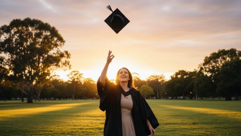 A vibrant, professionally colour-graded image capturing an 'epic moment' of a joyous graduate in their cap and gown, proudly tossing their cap in the air against a scenic backdrop of a beautiful park in Croydon Hills, Victoria, symbolizing a Croydon Hills graduation photoshoot unforgettable memories, with dramatic natural light highlighting their expression of triumph.
